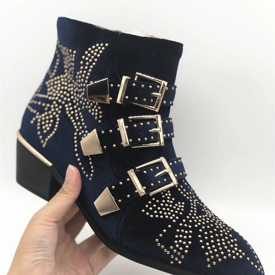 Women's Ankle Boots Rivet Flower Susanna Studded Cowboy Boots Genuine Leather Luxury Shoes Ladies Botines Mujer blue Corduroy