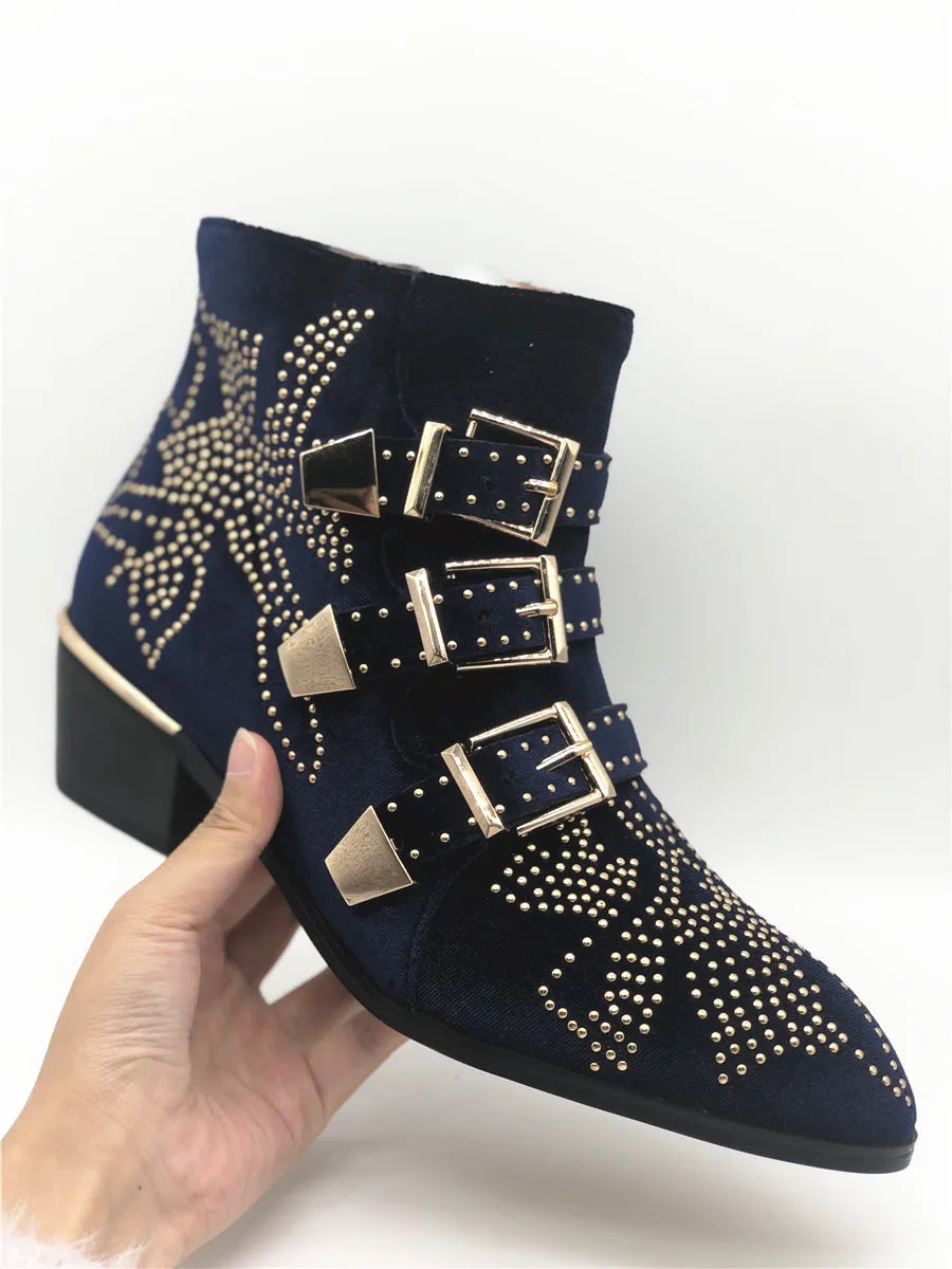 Women's Ankle Boots Rivet Flower Susanna Studded Cowboy Boots Genuine Leather Luxury Shoes Ladies Botines Mujer blue Corduroy