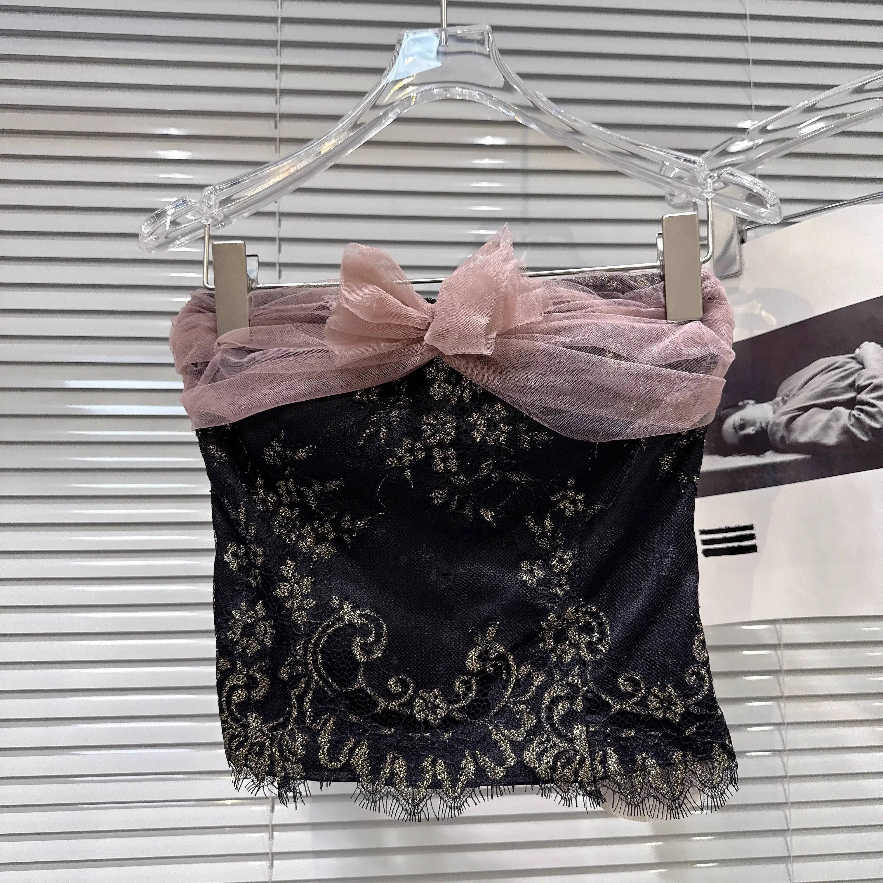 Winter New Fashion Chiffon Bowknot Patchwork Design Fishbone Strapless Vest For Women Backless Tank Tops 11A07939 Black