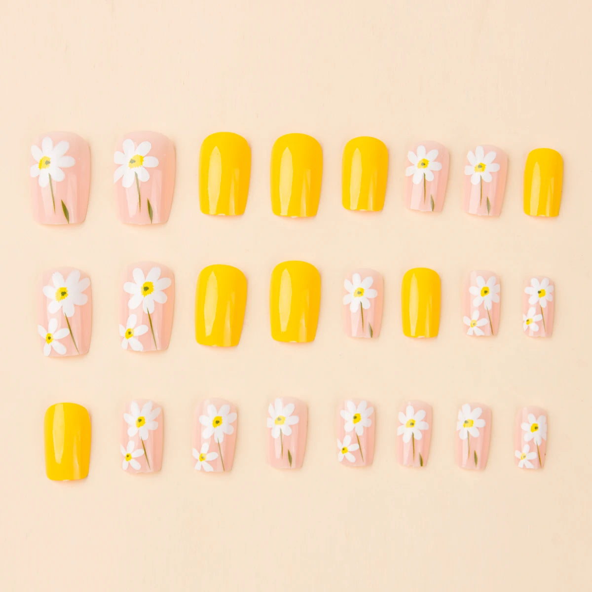 24 Pcs Square European Style Press On Nails Medium Shine Yellow Flower Fake Nails Reusable Cute False Nail For Women/Girls