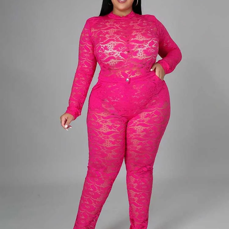 Chic and Elegant Woman Set Night Club Wear Plus Size Women Hot Outfit Transparent Lace Bodysuit and Pants Sexy Festival Outfit Fuchsia