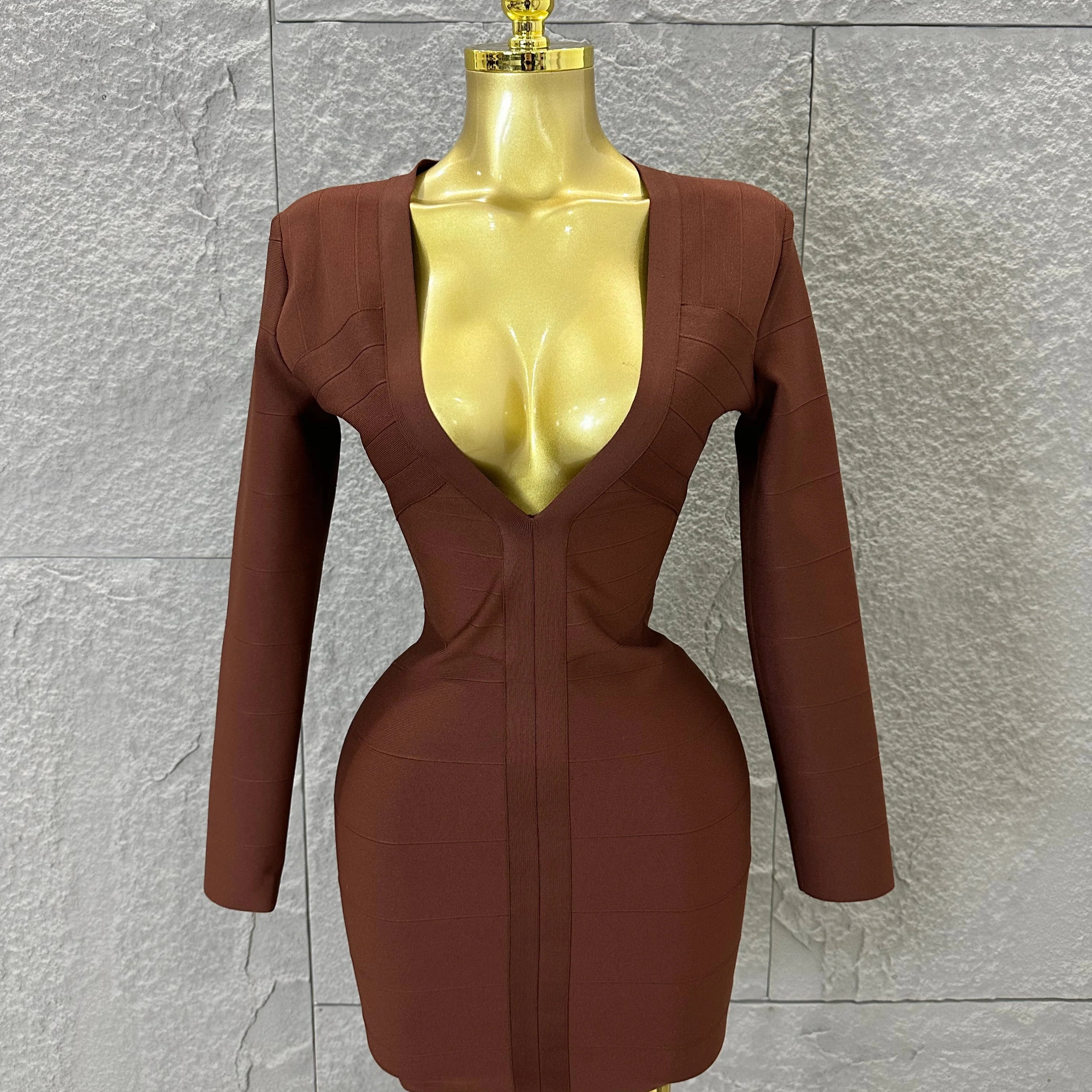 Women Elegant Brown Long Sleeve Mini Dress Women Sexy Deep V Neck Bandage Nightclub Evening Party Cocktail Party Dress Dark Brown