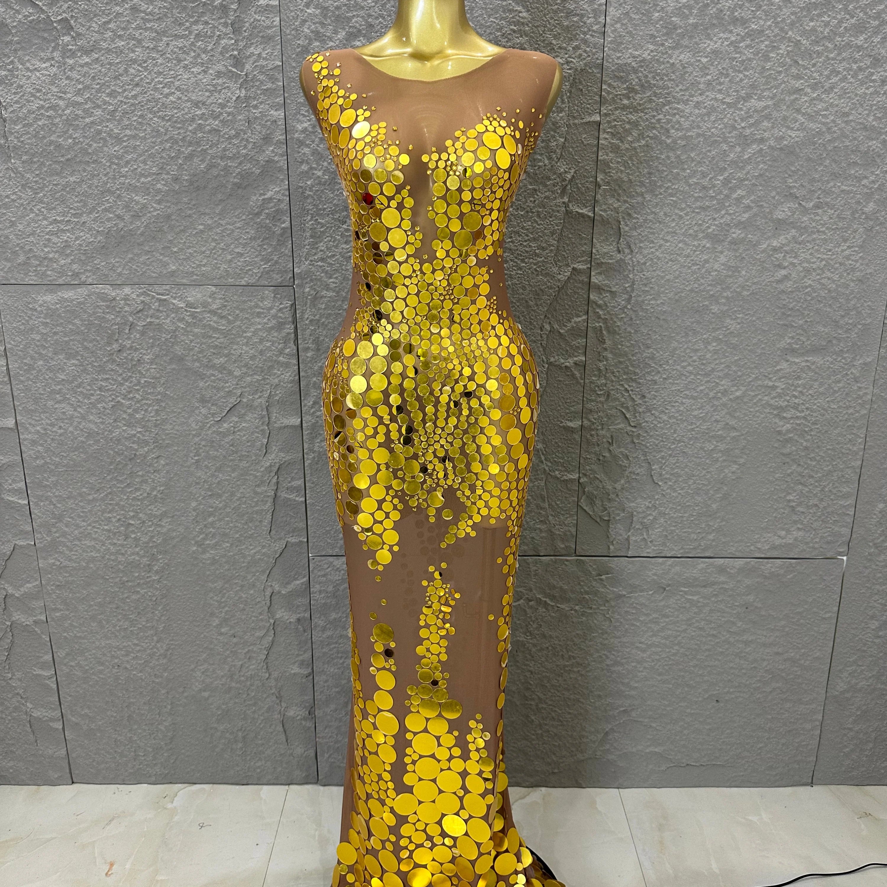 Opulent Nude Sleeveless Women Gold Sequin Dot Embellished Bodycon Stage Performance Costume Formal Event Party Costume