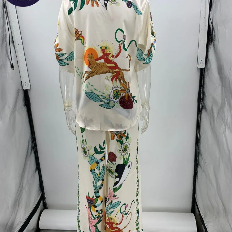 2 Piece Sets Women Outfit Summer New Bohemian Style Printing Half Sleeve Shirt Suits Fashionable Casual Loose Wide Leg Pant Set
