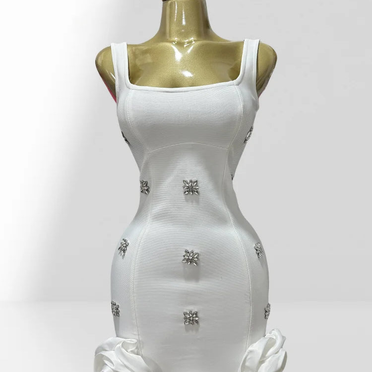 2025 Summer Shining Diamonds Sleeveless Sexy Bodycon Mini Bandage Dress Ruffles Celebrate Evening Party Birthday Outfit Vestido WHITE