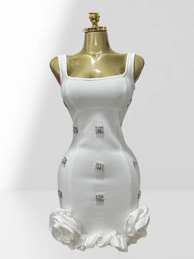 2025 Summer Shining Diamonds Sleeveless Sexy Bodycon Mini Bandage Dress Ruffles Celebrate Evening Party Birthday Outfit Vestido WHITE
