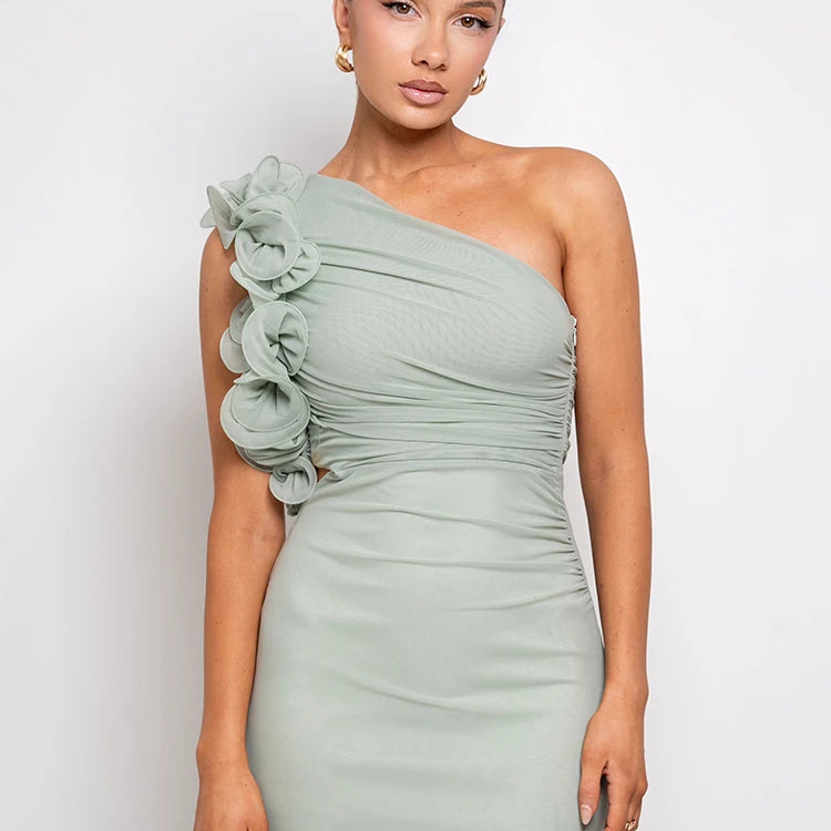 Mozision Shoulder Floral Mesh Ruched Sexy Maxi Dress For Women Gown Oblique Shoulder Sleeveless Backless Bodycon Long Dress