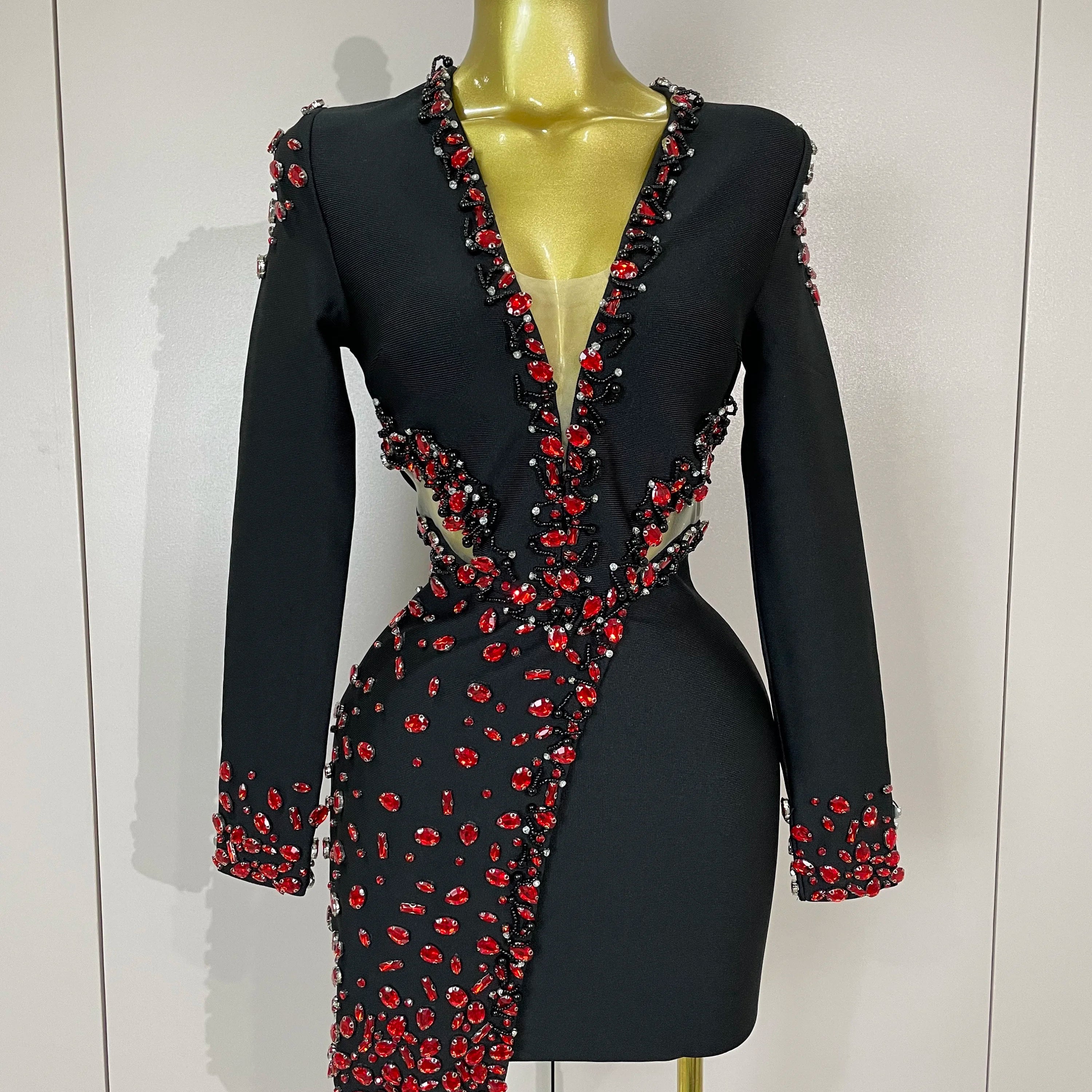 Women Celebrity Sexy Long Sleeve V Neck Rhinestone Black Bandage Dress 2025 Elegant Evening Club Luxury Birthday Party Dresses black