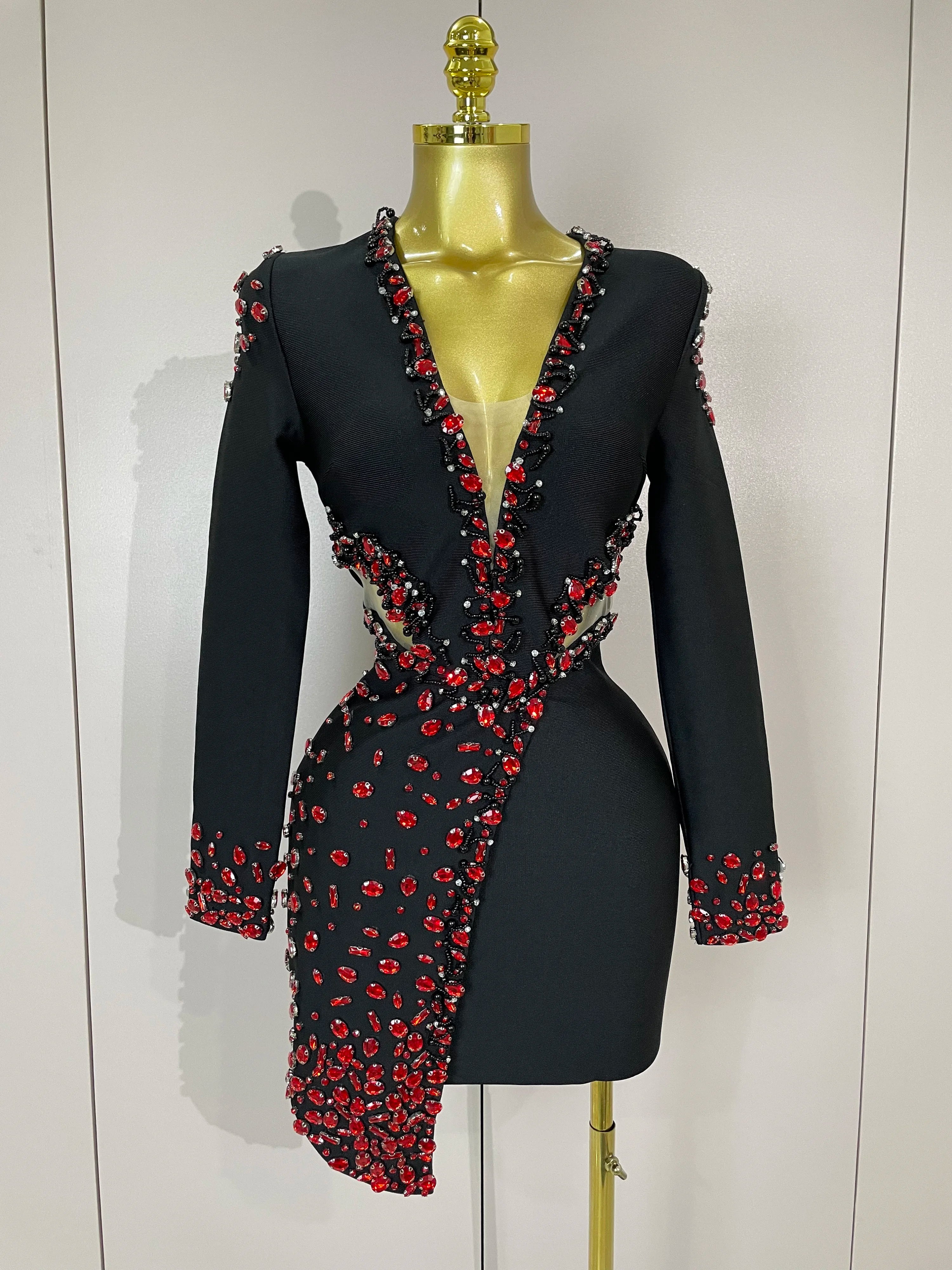 Women Celebrity Sexy Long Sleeve V Neck Rhinestone Black Bandage Dress 2025 Elegant Evening Club Luxury Birthday Party Dresses black