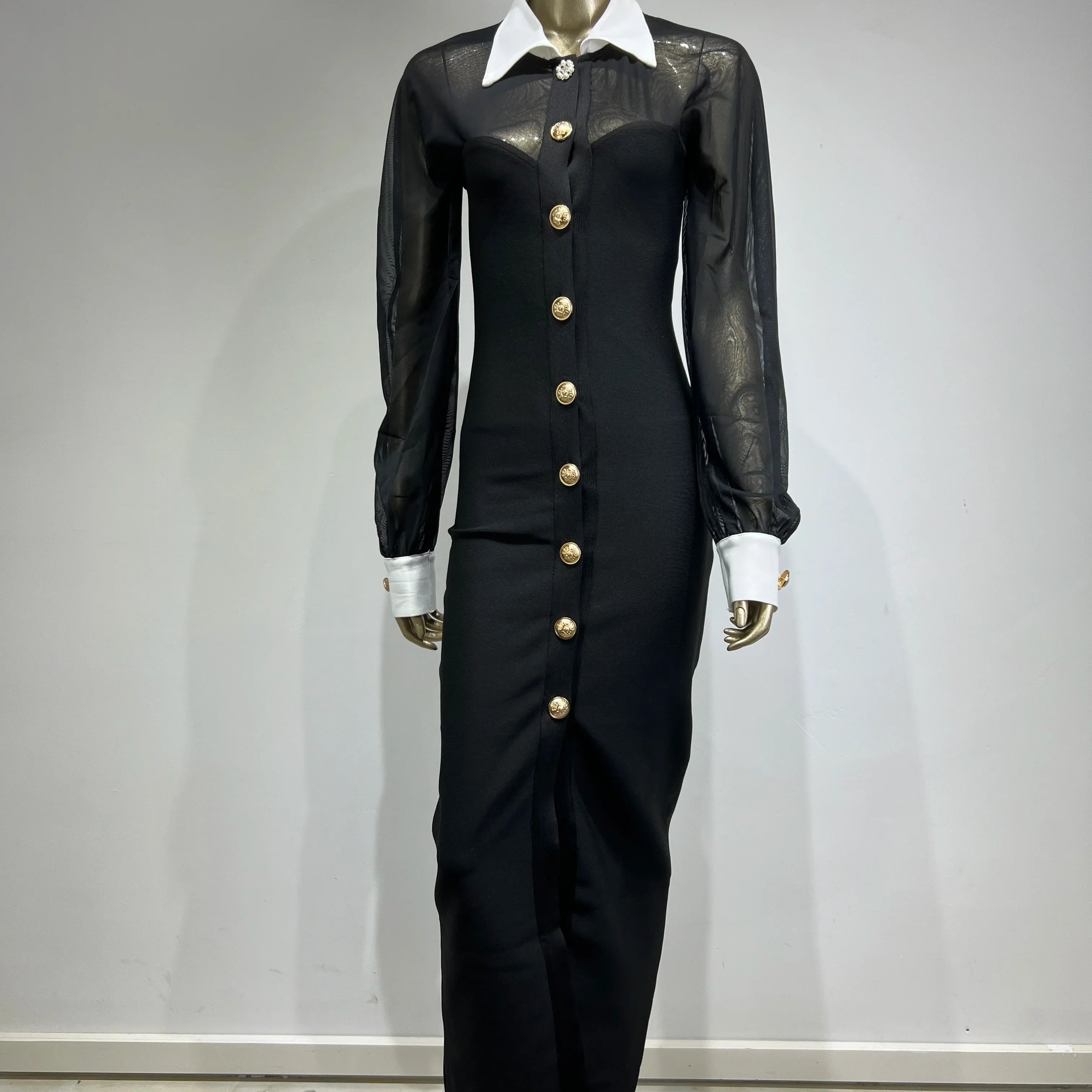 Women Bandage Celebrity Sexy Long Sleeve Mesh Black Split Long Dress Elegant Knitted Evening Club Party Dress