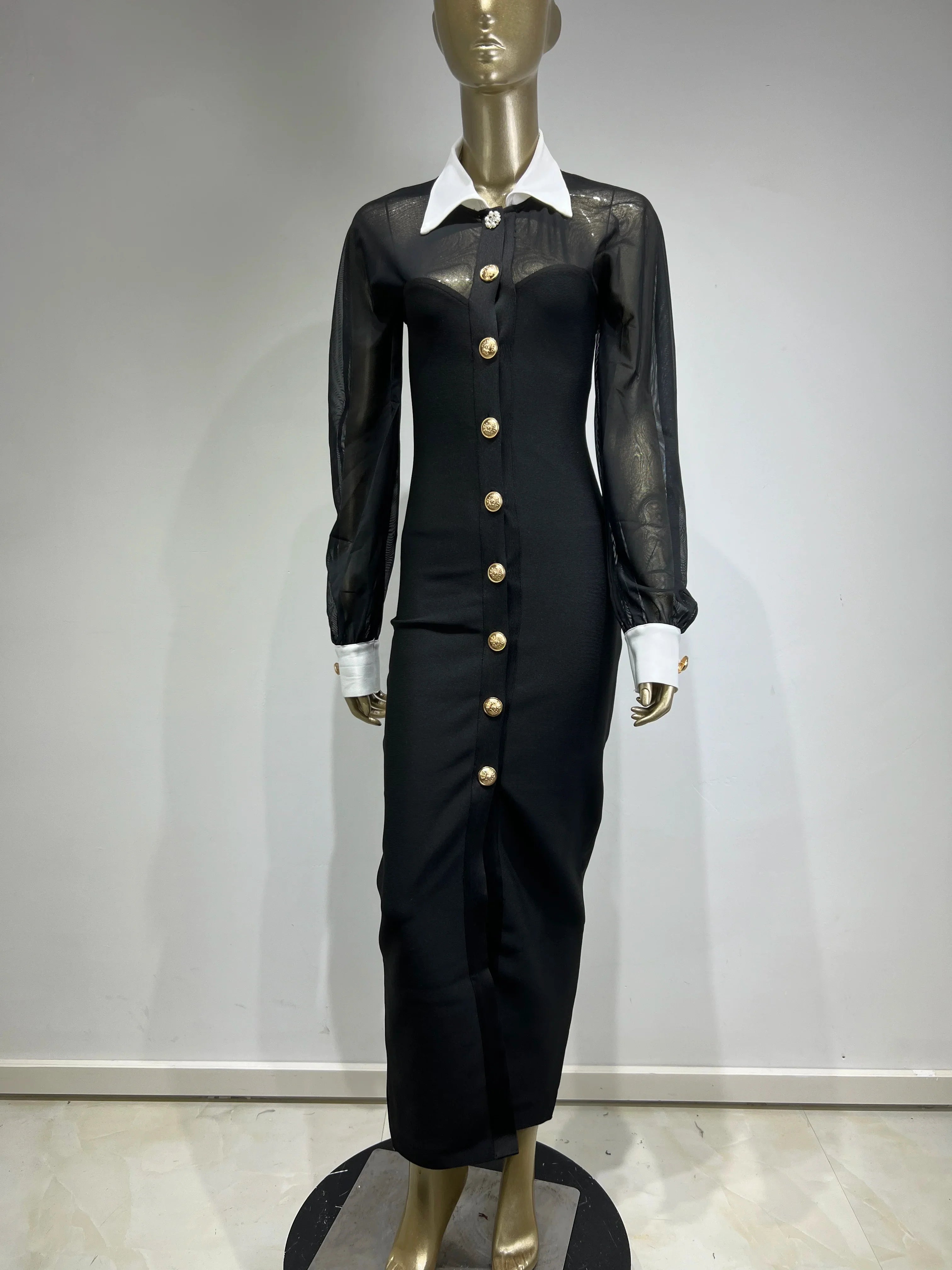 Women Bandage Celebrity Sexy Long Sleeve Mesh Black Split Long Dress Elegant Knitted Evening Club Party Dress