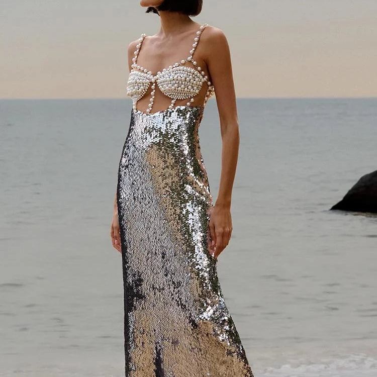 VC Chic Sequin Pearl Detailed Cut-Out & Straps Dress for Trendy Parties Evening Gown
