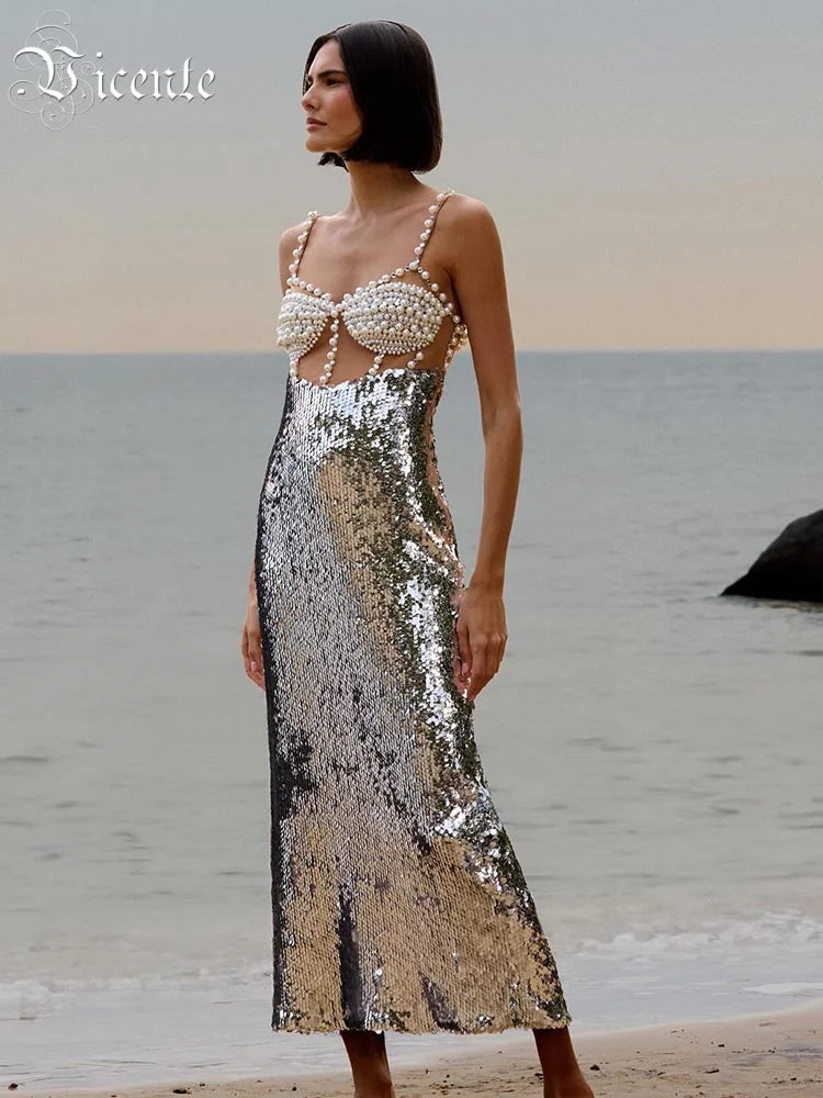 Chic Sequin Pearl Detailed Cut-Out & Straps Dress for Trendy Parties Evening Gown