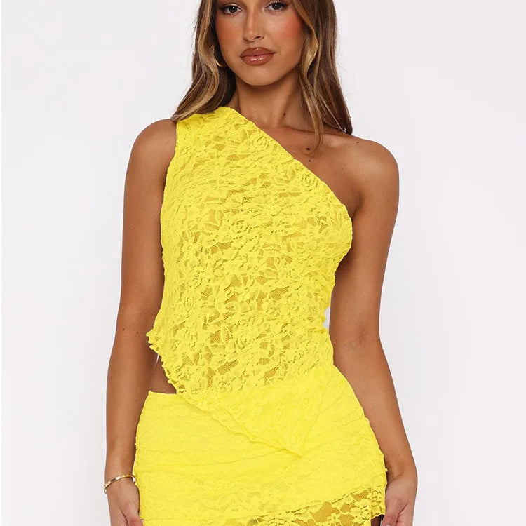 Sexy Slim Fit Women's Two-piece Set Patchwork Irregular Lace Top And Fashion Short Skirt Two-piece Set Ladies Outfits