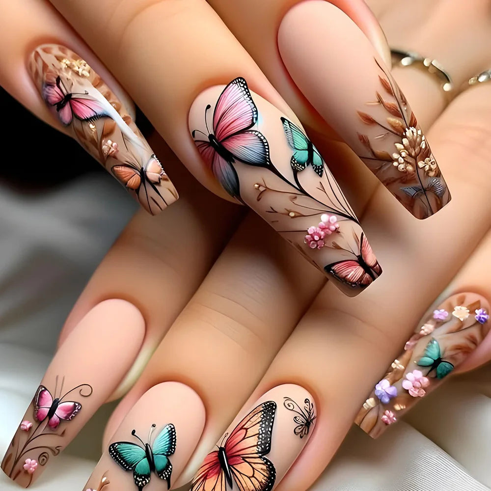 Fake Nails Full Cover Leaf Butterfly Design Art with Glue Wearing French Ballet False Nails Detachable Mid-length Manicure 24Pcs 5