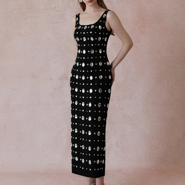 Women'S Black Sexy Sleeveless Square Neck Luxurious Crystal Bandage Maxi Long Dress Elegant Party Cocktail Evening Dress