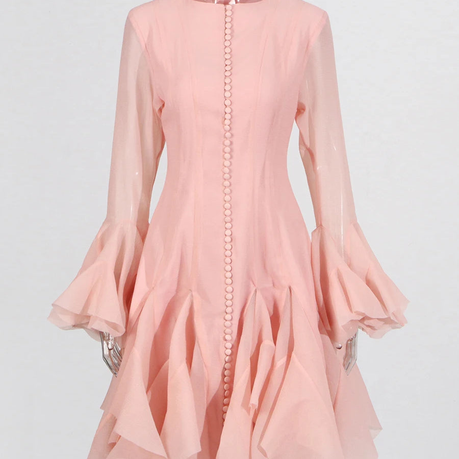 Solid Spliced Button Slimming Dresses For Women O Neck Long Sleeve High Waist Patchwork Ruffles Female Fashion New PINK