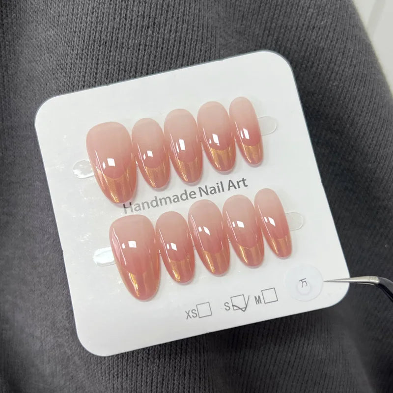 10Pcs Handmande Mid-length Almond False Nails Full Cover Glitter Pink Cat Eye Designs Nail Tips Reusable French Finished Nail 2 XS