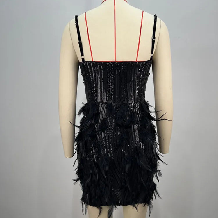 Sexy Sleeveless Backless Feather Black Pearl Sequins Mini Women Celebrity Dress 2024 Elegant Party Evening Club Vestido