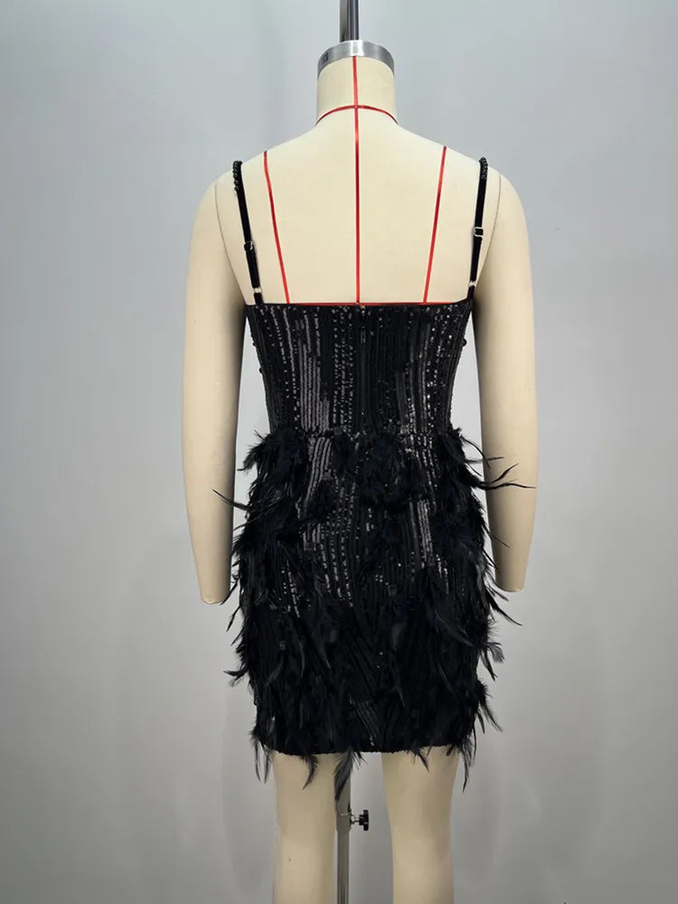 Sexy Sleeveless Backless Feather Black Pearl Sequins Mini Women Celebrity Dress 2024 Elegant Party Evening Club Vestido