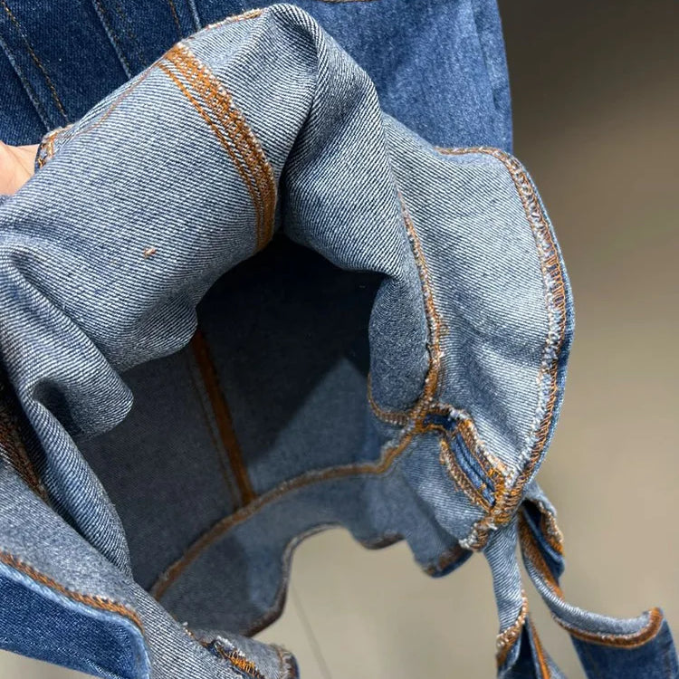 DEAT Line Up Waist Pocket Spiral Decoration Trendy Denim Dresses For Women Strapless Back Zipper Dress Spring 11XX3821