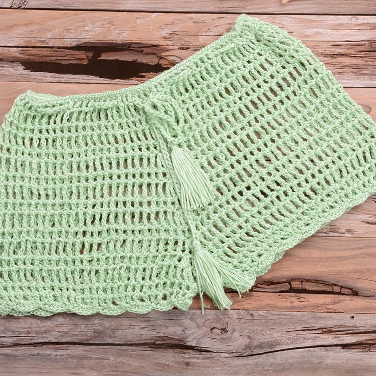 Crochet Hollow Out Tassel Beach Cover Up Sexy Women Mini Tops Beachwear Bikini Swimwear Bathing Suit Cover Up Grass Green Bottom One Size