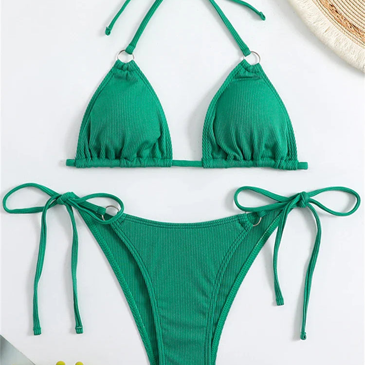 Bikini Women Swimsuit New Solid Ribbed Halter Bikinis Set Sexy Lace Up Swimwear Summer Two Piece Beach Bathing Suit Female green