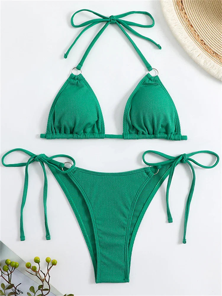 Bikini Women Swimsuit New Solid Ribbed Halter Bikinis Set Sexy Lace Up Swimwear Summer Two Piece Beach Bathing Suit Female green