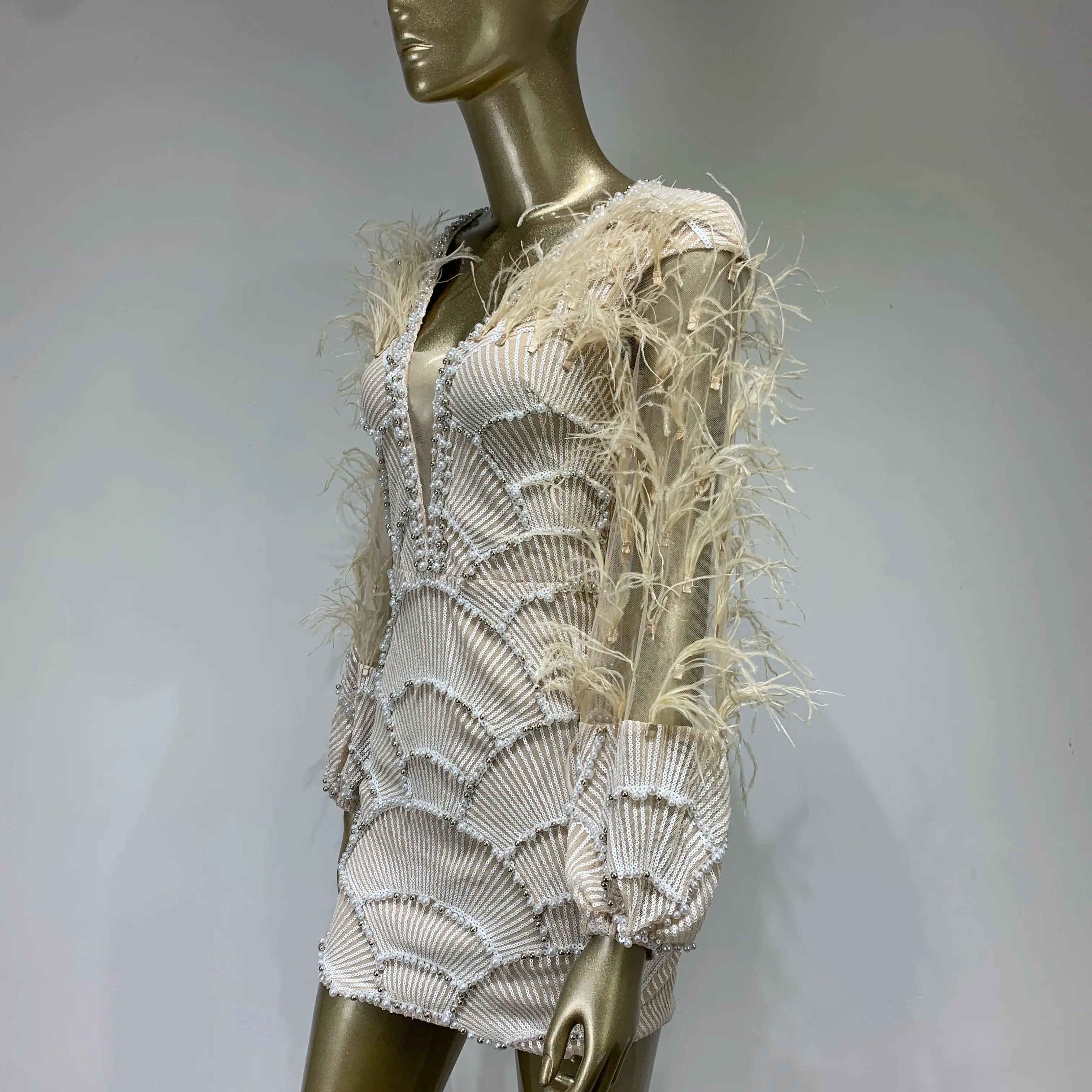 Women Summer Sexy Long Sleeve Beige Sequins Mesh Pearl Feather Mini Bodycon Gowns Dress 2023 Elegant Evening Party Club Dress