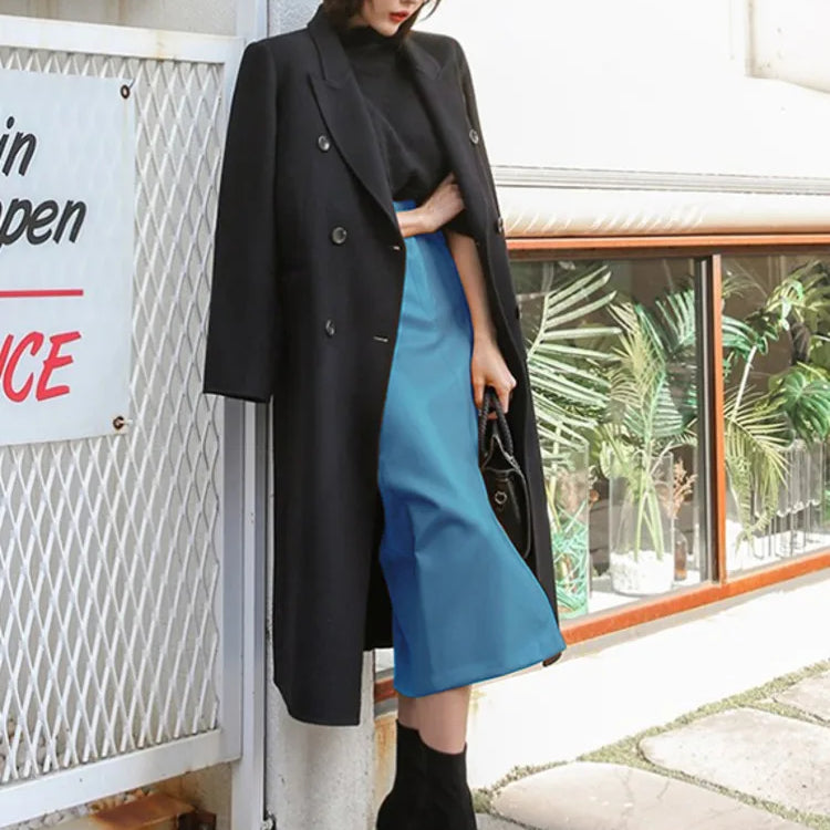 DEAT Fast Delivery New Fashion Korean Female PU Leather Mid-calf Length Spit Sexy High Waist Skirt AY095