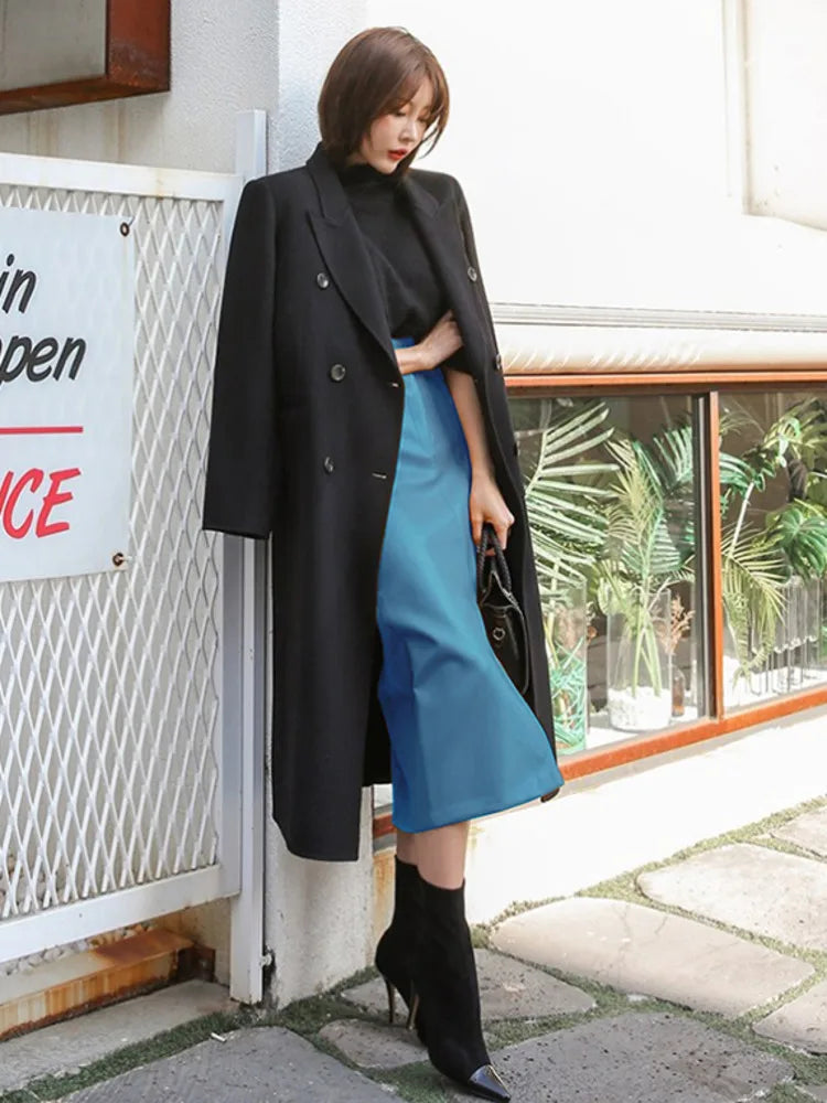 DEAT Fast Delivery New Fashion Korean Female PU Leather Mid-calf Length Spit Sexy High Waist Skirt AY095