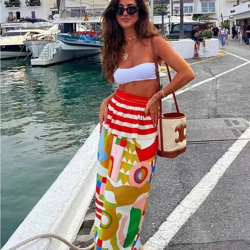 TRAF Print Skirts Women Summer Midi Skirt Ruffle Dress Elastic Waist Skirts Luxury Elegant Women's Skirts Aesthetic Skirts