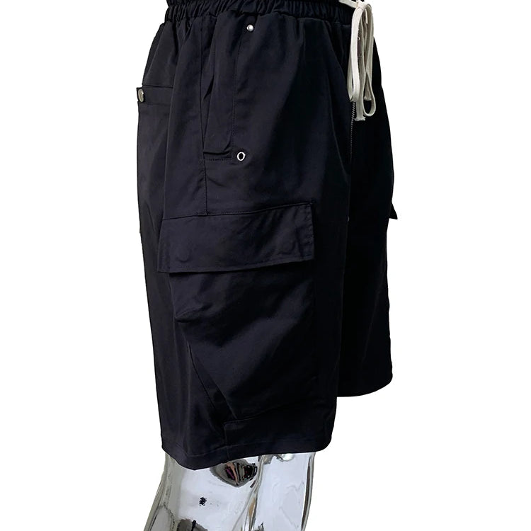 Lautaro Summer Autumn Black Cargo Shorts for Men High Elastic Waist Drawstring Pockets Loose Casual Short Straight Pants Clothes