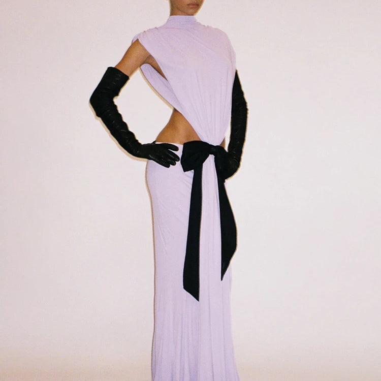 Stylish Chic White Halter Sleeveless Backless Cutout with Bow Detail Maxi Dress Evening Gown