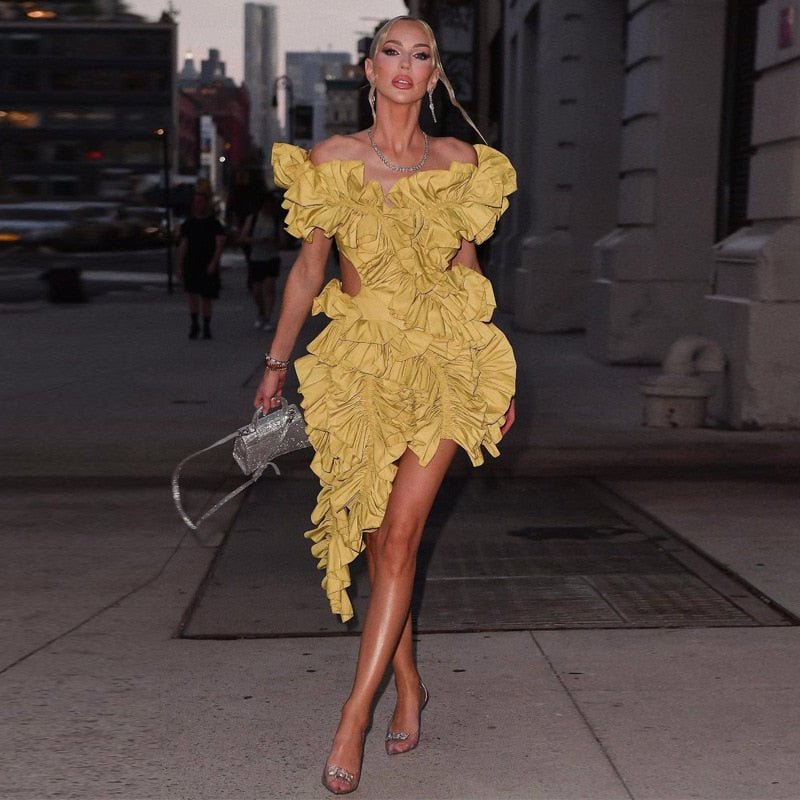 Women Edible Tree Fungus Tierred High Low Asymmetrical Ball Gown Dress 2024 Sexy Club Party Evening High Street Dresses