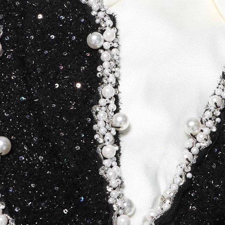 Colorblock Patchwork Sequins Dress For Women Lapel Long Sleeve High Waist Spliced Pearls Elegant Dresses Female New