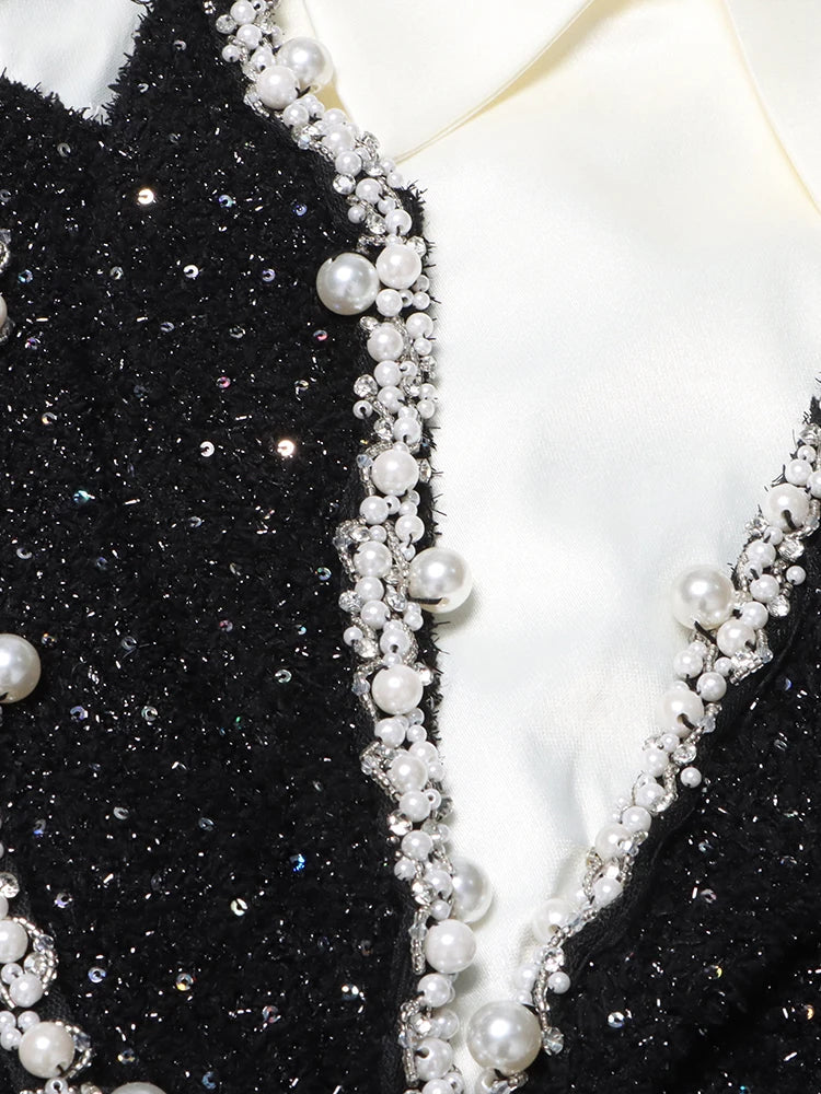 Colorblock Patchwork Sequins Dress For Women Lapel Long Sleeve High Waist Spliced Pearls Elegant Dresses Female New