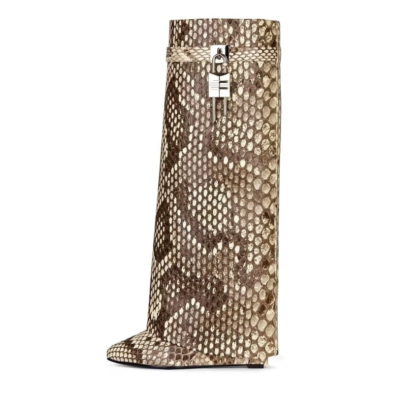 Women's Knee High Boots Shark Lock Long Thick Soled High-heeled Boots Designer Luxury Brand Women's Leather Boots Serpentine pu