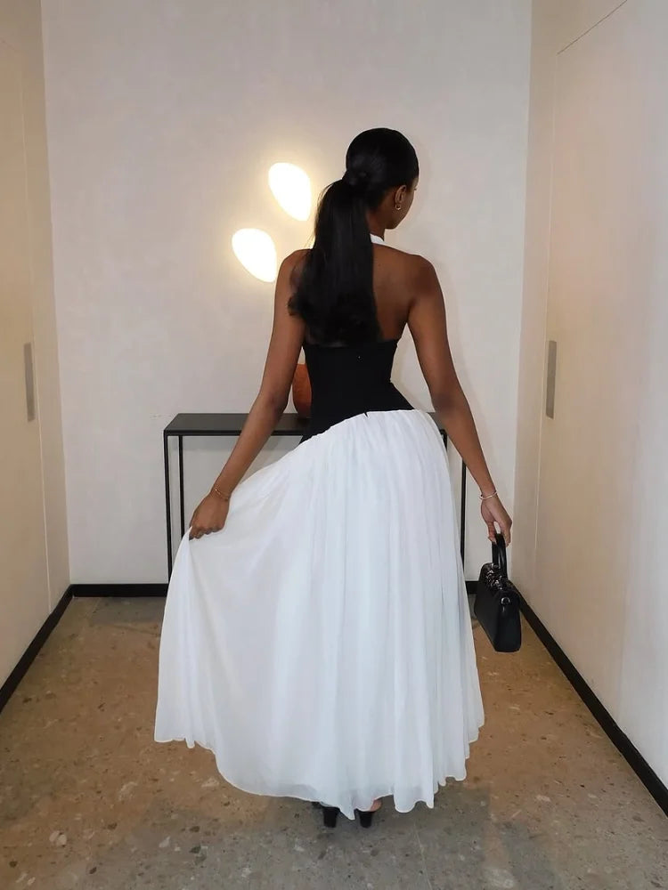 Elegant Contrasting Woman Long Dresses New Summer Sexy V Neck High Waist A-line Midi Vestidos Lady Evening Sleeveless Club Robes