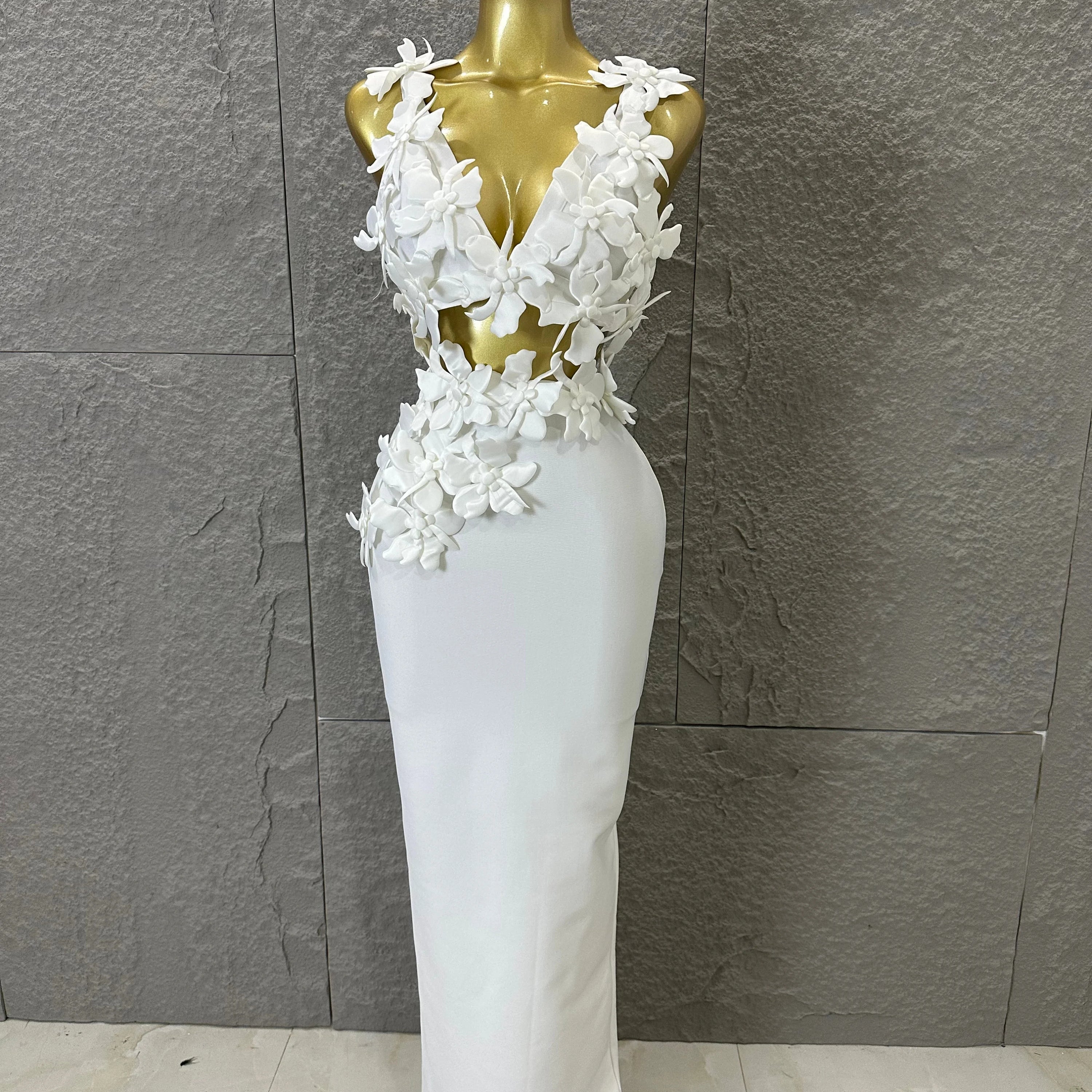 2026 Glamorous White 3D Floral Maxi Dress Women Sexy V-Neck Sheer Cutout Waist Bodycon Outfit Evening Gala Party Costume WHITE