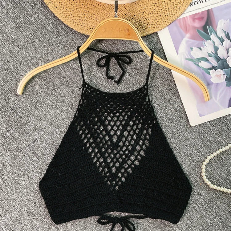 SINGREINY Summer Knit Camisole Women Hollow Out Design Solid Backless Halter Retro Fashion Ladies Sexy Beach Slim Tank Top black One Size