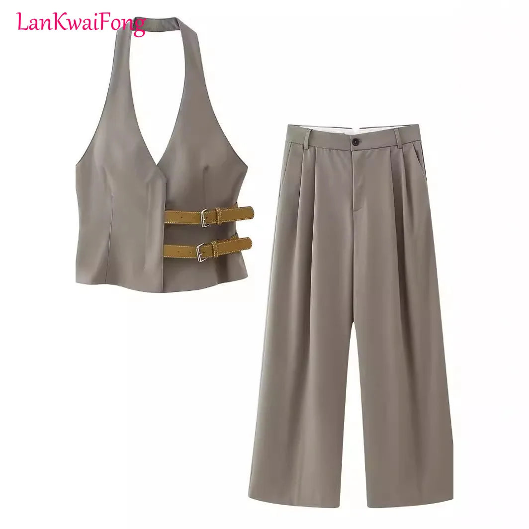 LKF Summer New Fashion Women's Street Style Backless Halter Belt Vest Top + Pants 2-piece Suit for Women