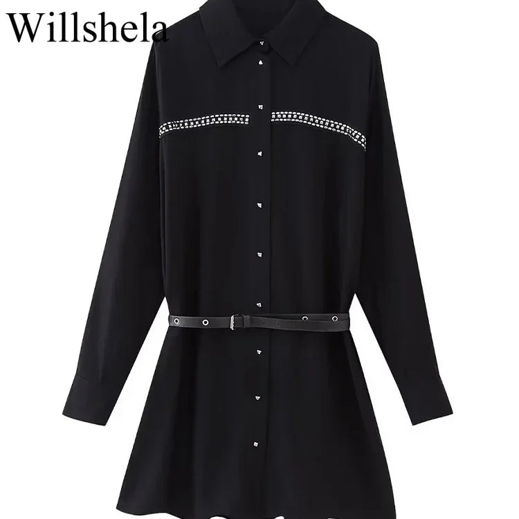 Women Fashion With Belt Black Single Breasted Midi Dress Vintage Lapel Neck Long Sleeves Female Chic Lady Dresses