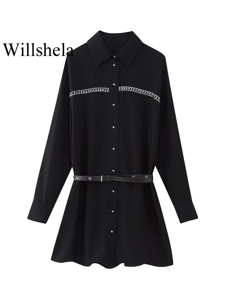 Women Fashion With Belt Black Single Breasted Midi Dress Vintage Lapel Neck Long Sleeves Female Chic Lady Dresses
