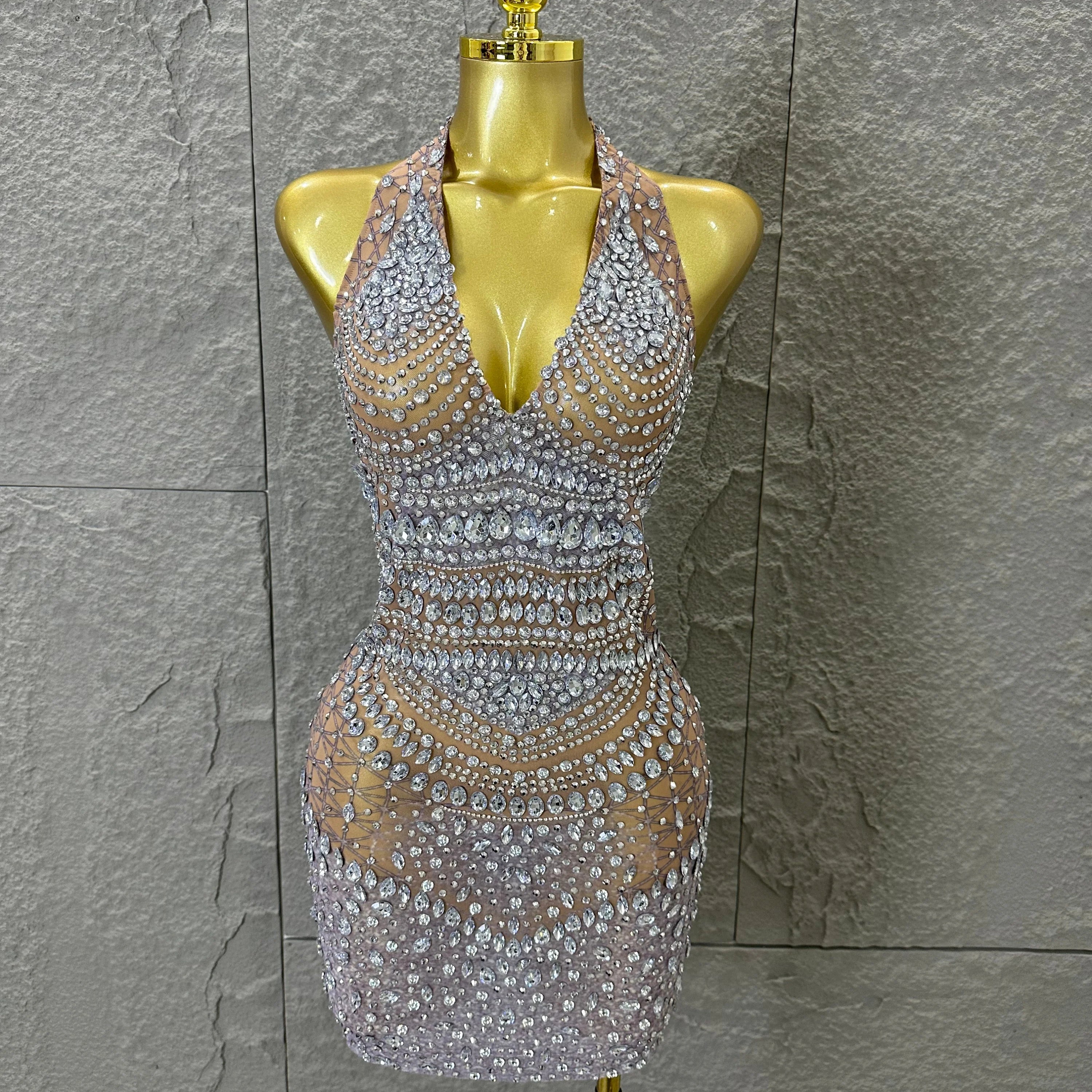 Women Evening Birthday Party Dancer Sexy Nightclub Luxurious Sparkly Crystal Diamonds Print See Through Stretch Mesh Dress Silver