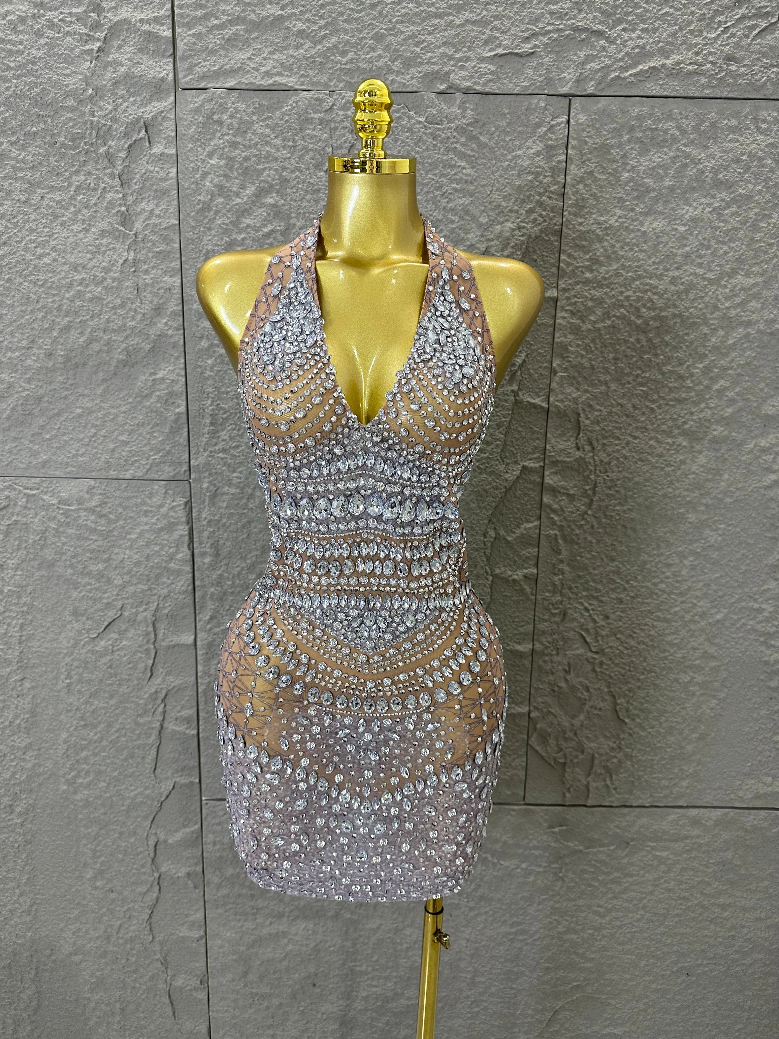 Women Evening Birthday Party Dancer Sexy Nightclub Luxurious Sparkly Crystal Diamonds Print See Through Stretch Mesh Dress Silver