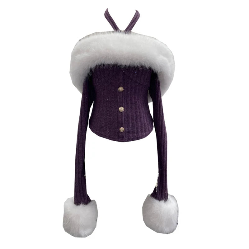 Spring New Detachable Fur Collar Lace-Up Halter Neck Off-Shoulder Knit Sweater For Women Slim Fit Short Top 11A07918