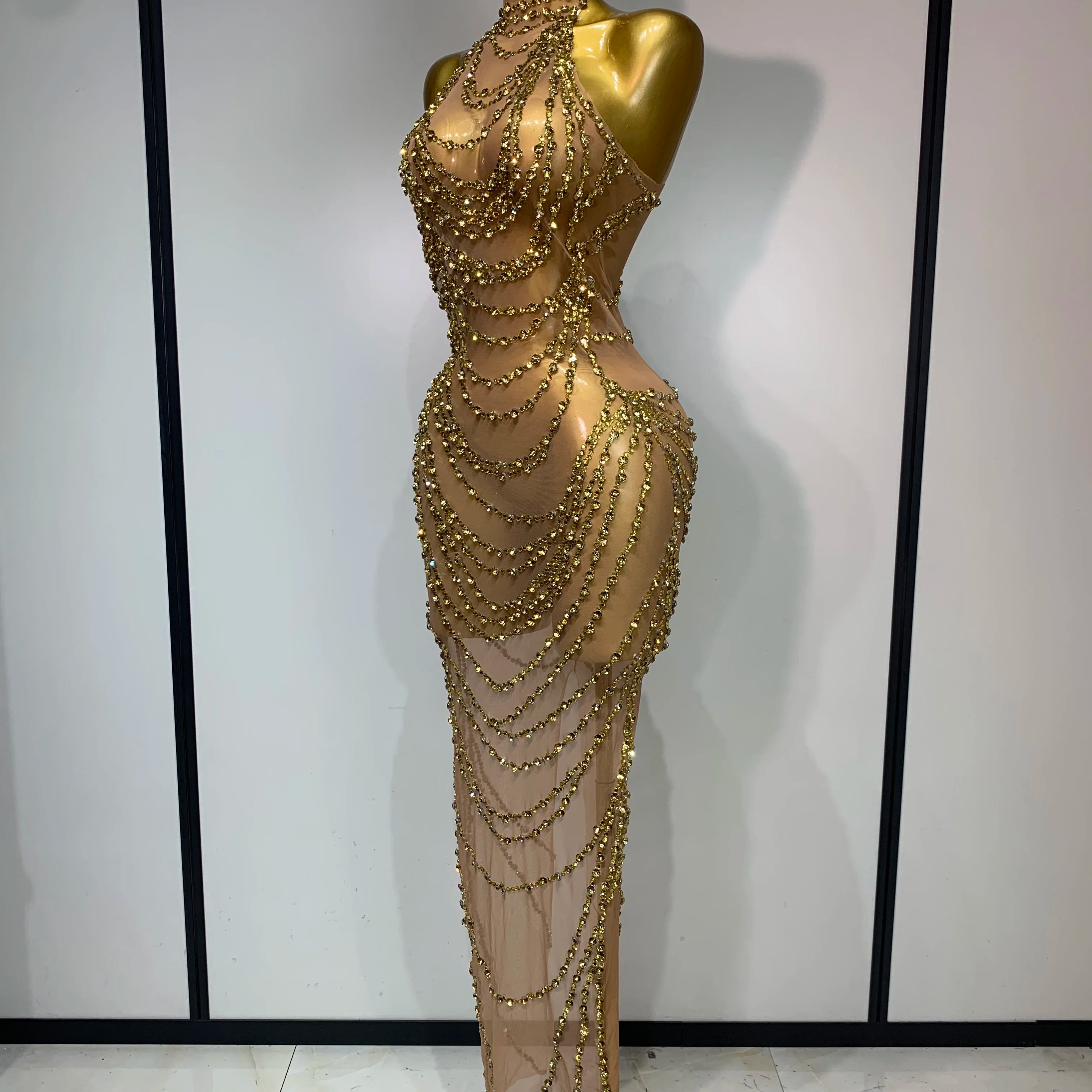 Sparkly Rhinestone Sexy Transparent Mesh Long Dress 2025 Women Luxury Birthday Club Party Gown Stage Singer Performance Costume
