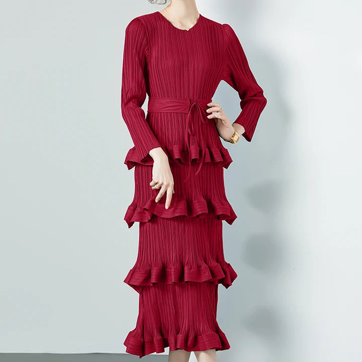 Miyake Multi-layer Cascading Pleated Dress Women O Neck Long Sleeve Solid Color Ruffles Cake Belt Dress Female Party Clothing red One Size