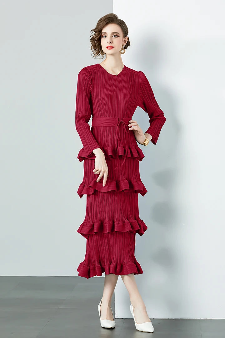 Miyake Multi-layer Cascading Pleated Dress Women O Neck Long Sleeve Solid Color Ruffles Cake Belt Dress Female Party Clothing red One Size